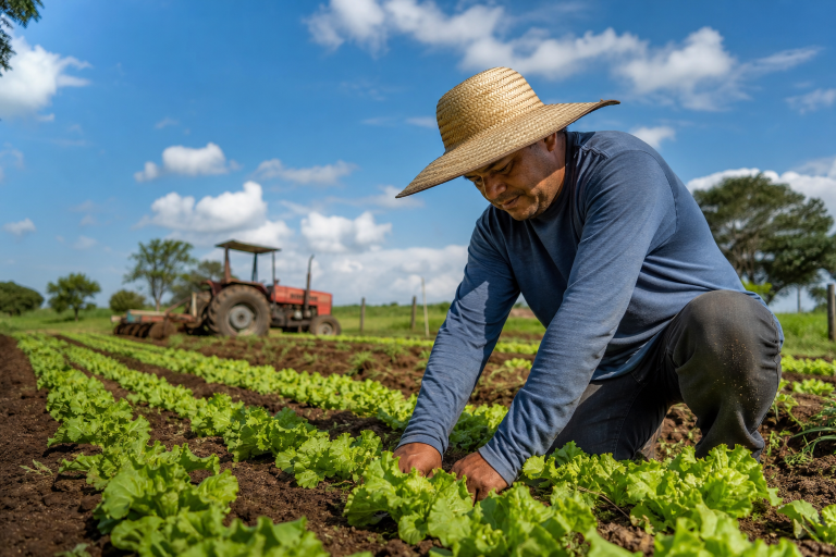 Pronaf aprova 21 projetos e injeta mais de R$ 1 milhão na agricultura familiar de Araguacema Agricultor familiar trabalhando em propriedade rural no Tocantins, com plantação e equipamentos agrícolas ao fundo